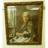 Early/mid 20thC British School - an elderly woman knitting watercolour 19'' x 24'' framed