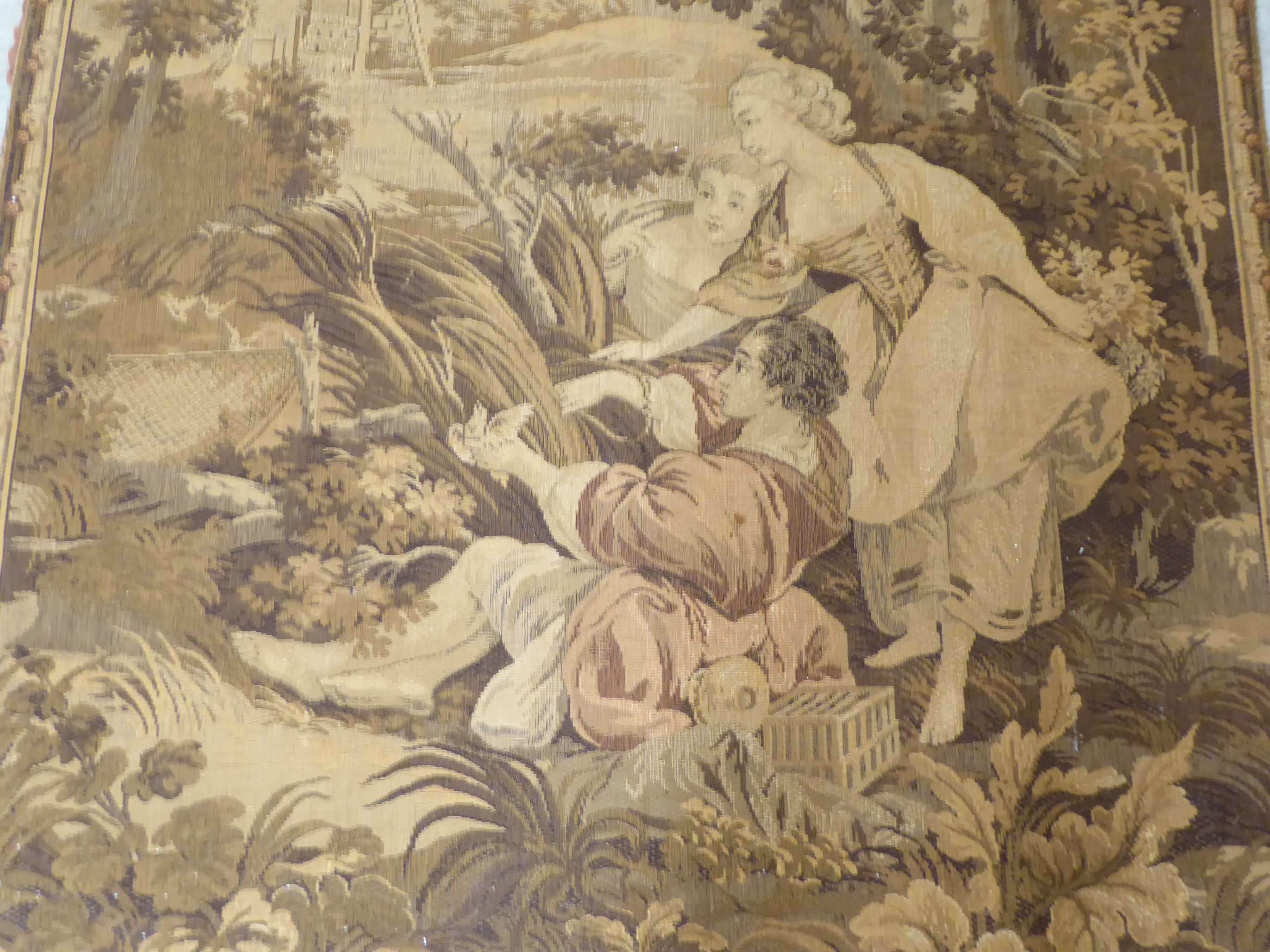 A 20thC Flemish inspired tapestry wall hanging with figures in a garden 46'' x 112'' BSR - Image 2 of 3