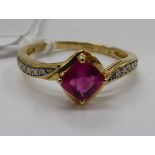 A yellow coloured metal pink gem stone and diamond set ring 11