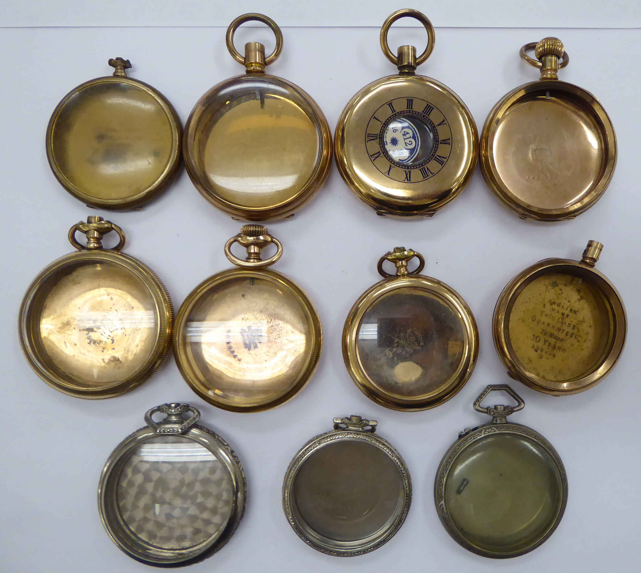 Ten late 19th/early 20thC gold plated and white metal pocket watch cases OS10