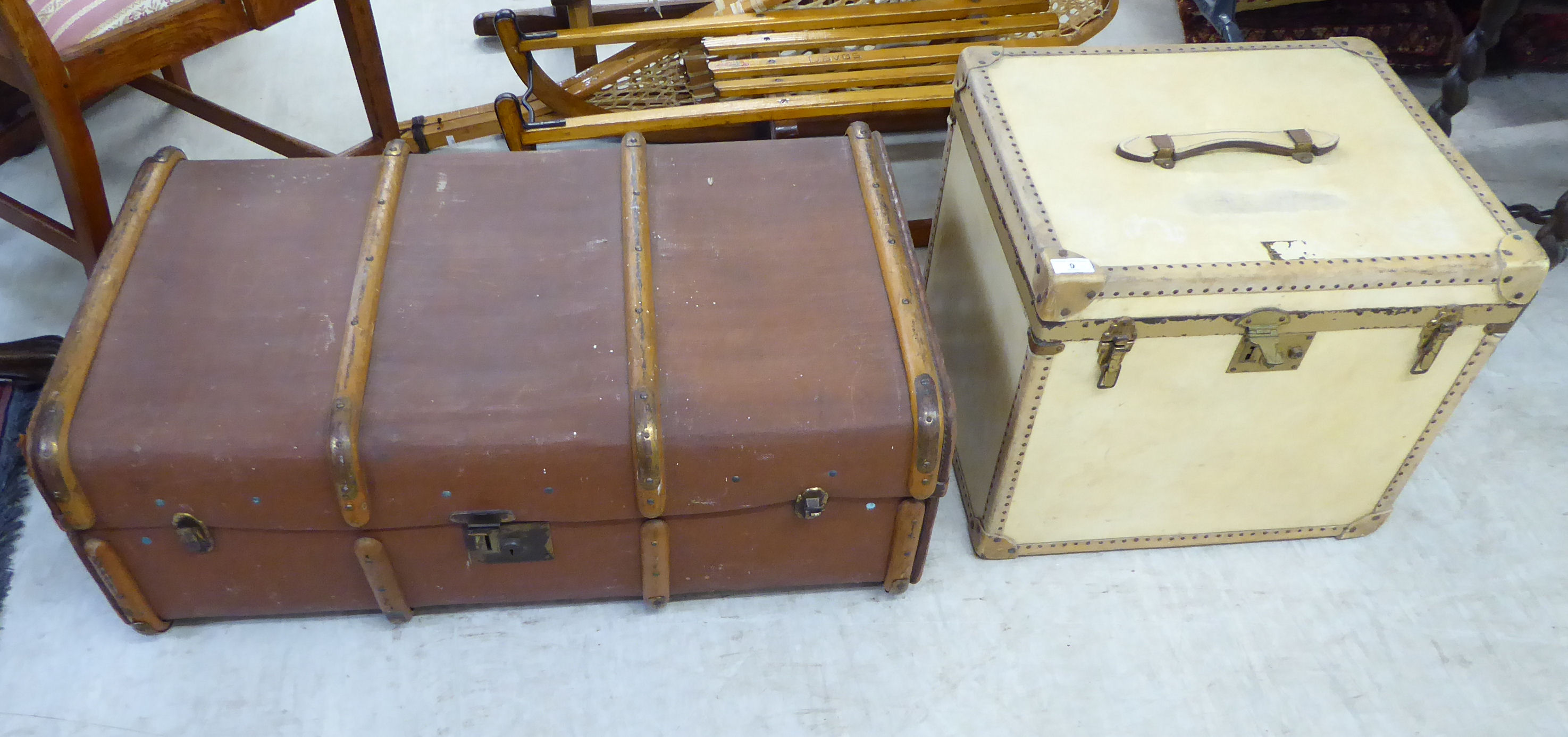 Two 'vintage' hide and cover bound cabin trunks 18''h 20''w & 13''h 36''w BSR