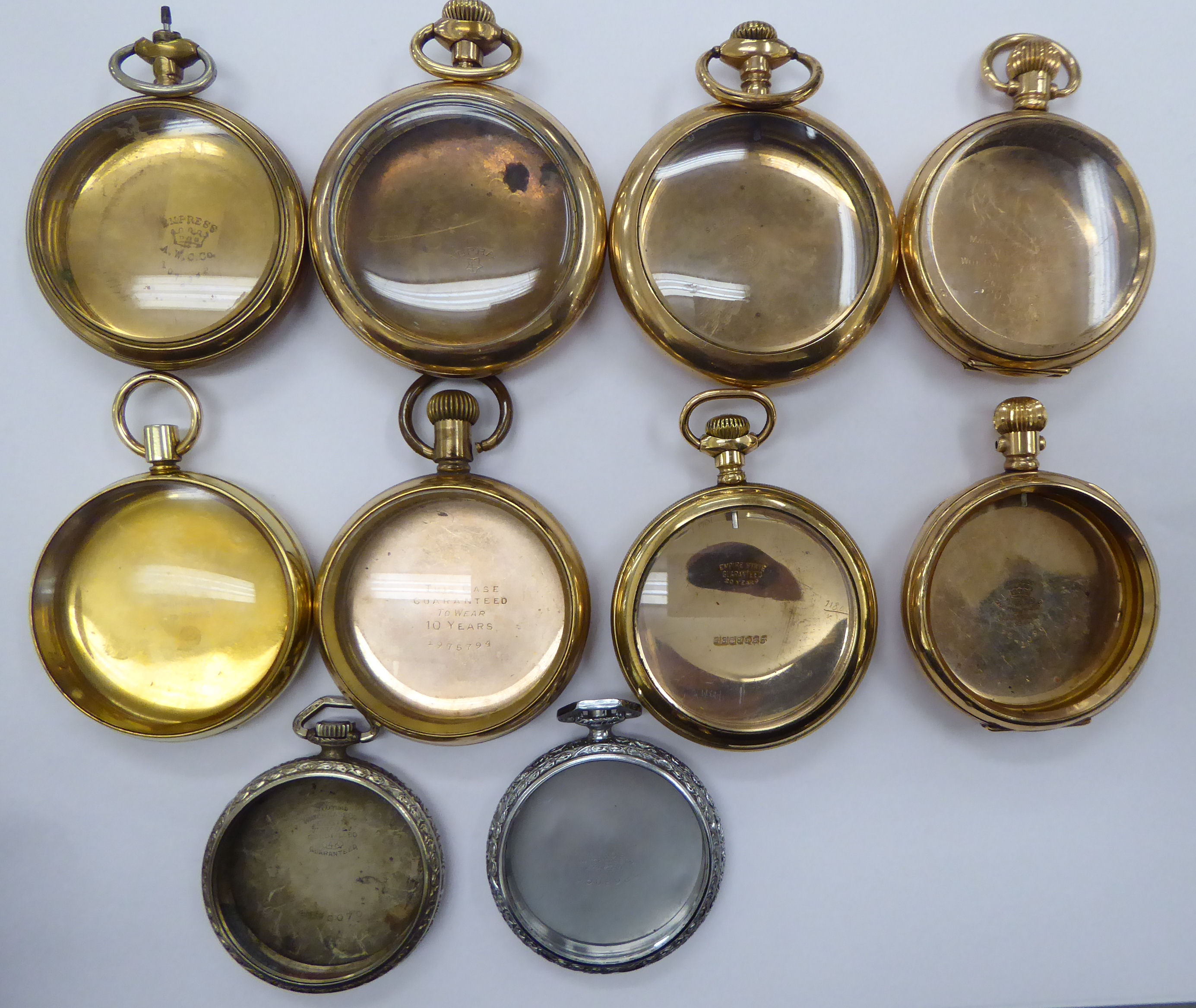 Ten late 19th/early 20thC gold plated and white metal pocket watch cases OS10