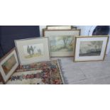Six pictures by Harold Waite: to include a woodland landscape with a horse and cart watercolour