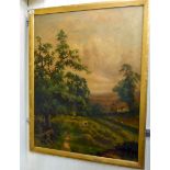 Late 19thC British School - an agricultural landscape with haymakers oil on canvas bears an