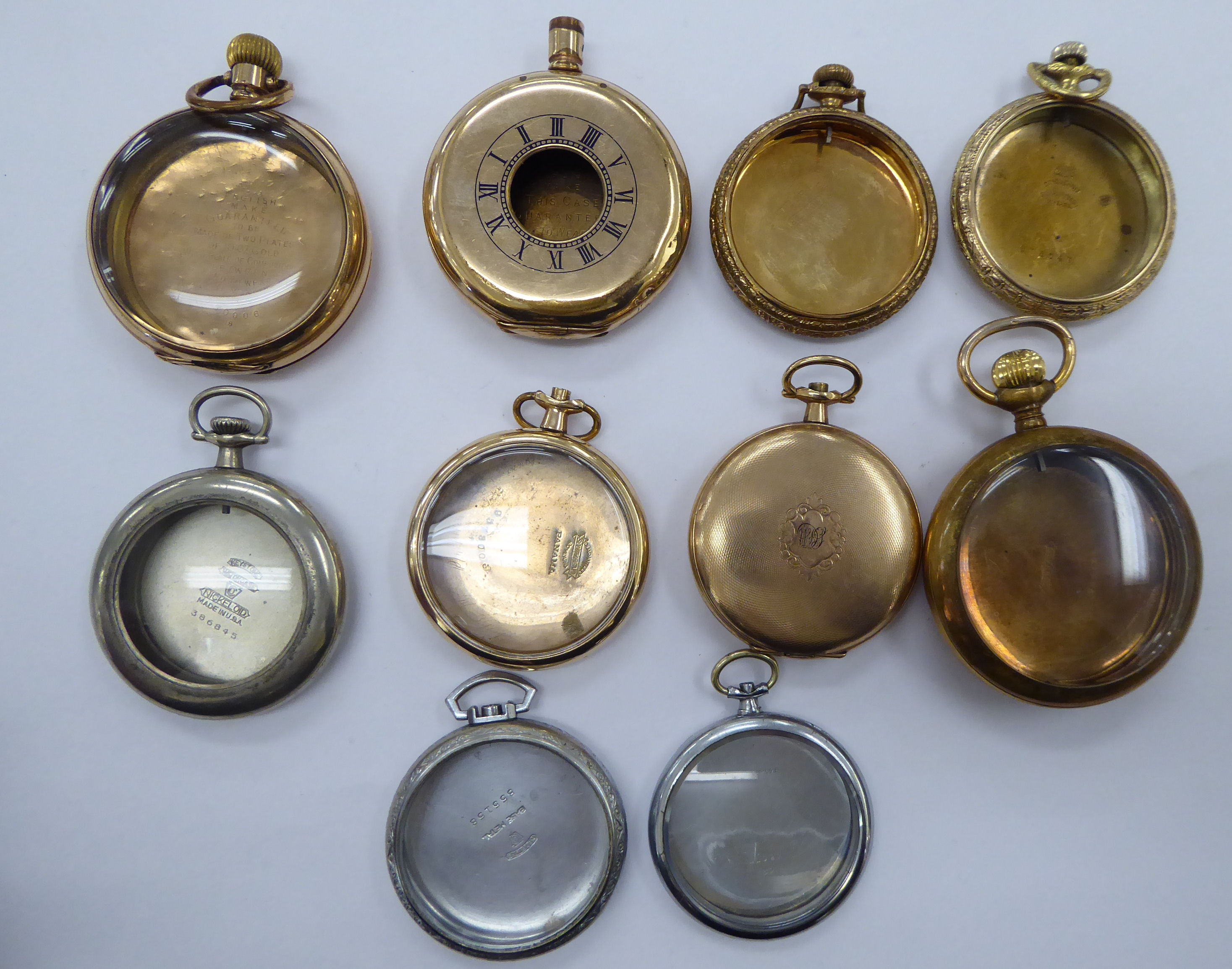 Ten late 19th/early 20thC gold plated and white metal pocket watch cases OS10