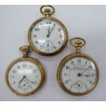 Three late 19th/early 20thC gold plated pocket watches with enamel Roman and Arabic dials