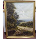 Charles Passey - a landscape with sheep by a path and a pond in the foreground oil on canvas