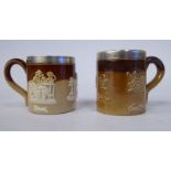 Two similar early 20thC Doulton Lambeth two tone brown glazed stoneware,