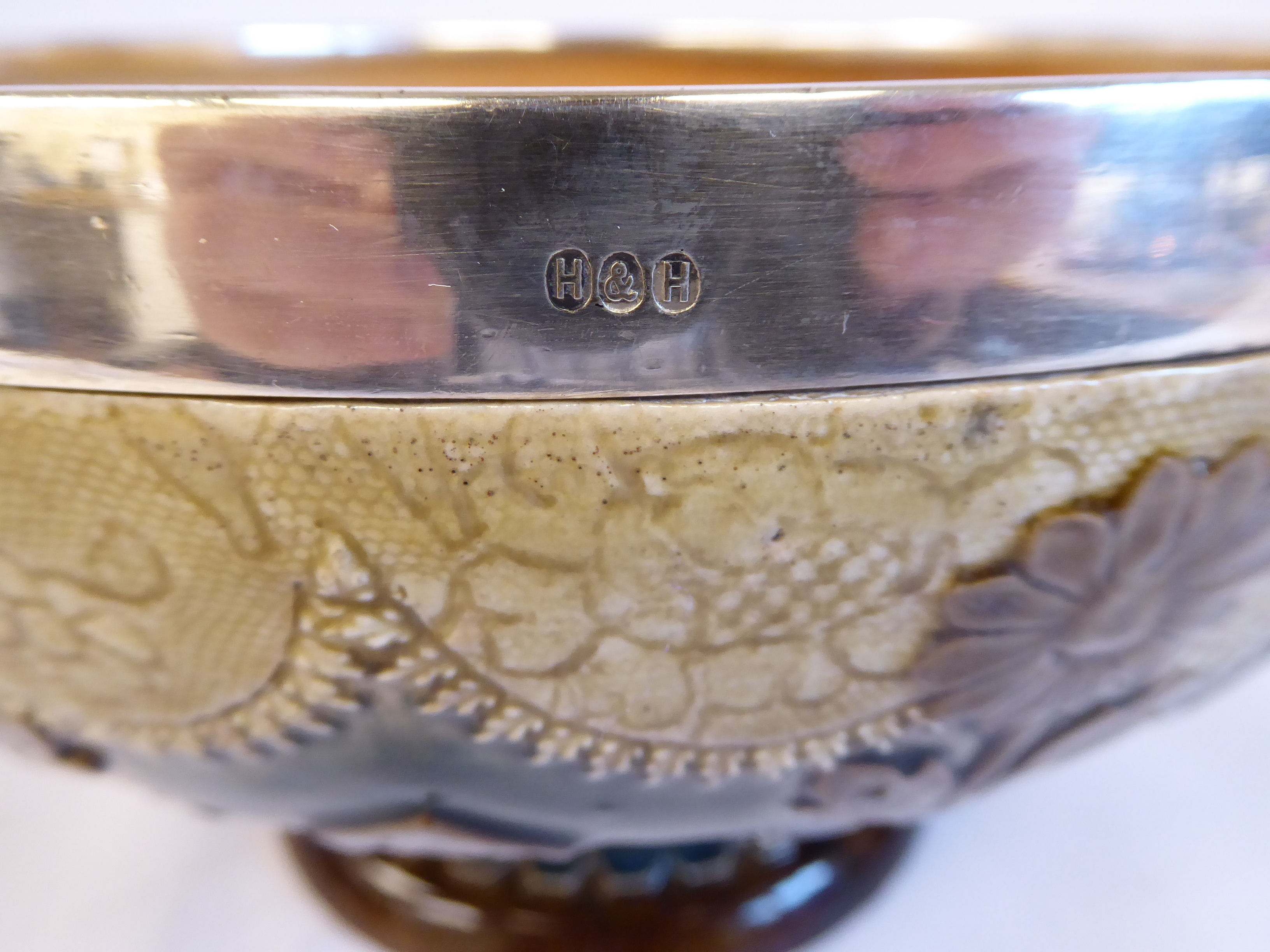 A Doulton Lambeth brown, cream coloured and green glazed stoneware, shallow, pedestal fruit bowl, - Image 4 of 6