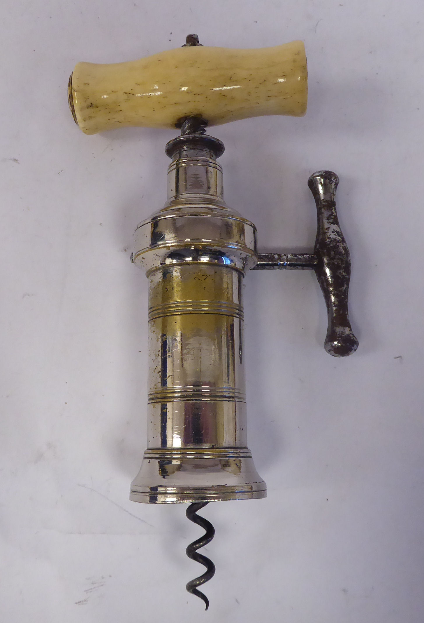 A late 19thC chromium plated steel King's Screw, London rack type corkscrew with a wire helix, - Image 2 of 3