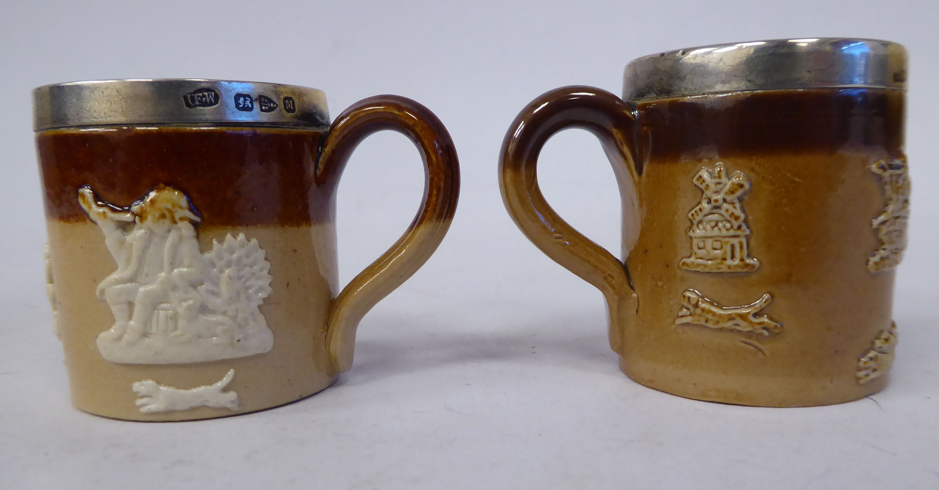 Two similar early 20thC Doulton Lambeth two tone brown glazed stoneware, - Image 2 of 5