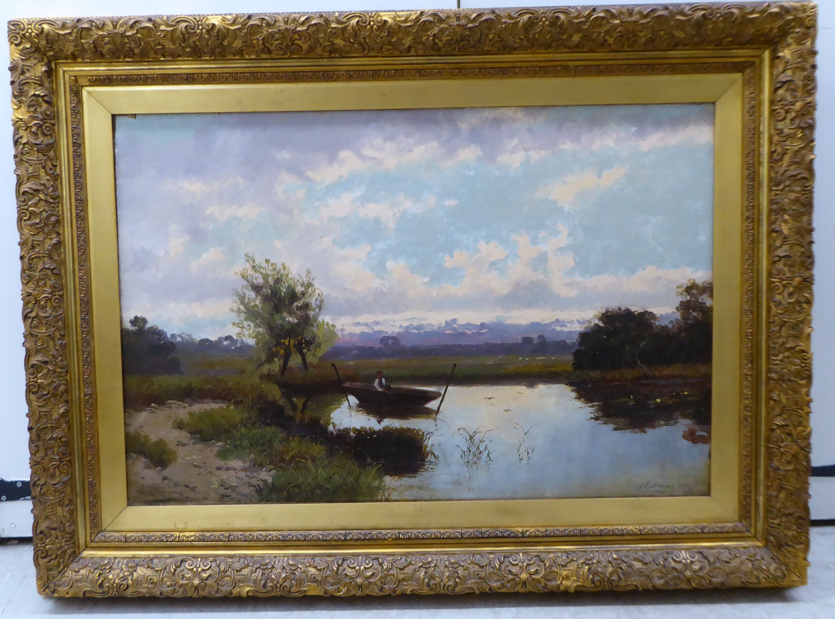 John Horace Hooper - a pastoral landscape with a lone figure fishing in a punt on still water in - Image 2 of 5