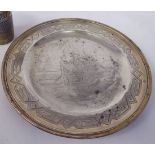 A mid Victorian silver dish, engraved with the figure of a fashionable young lady,