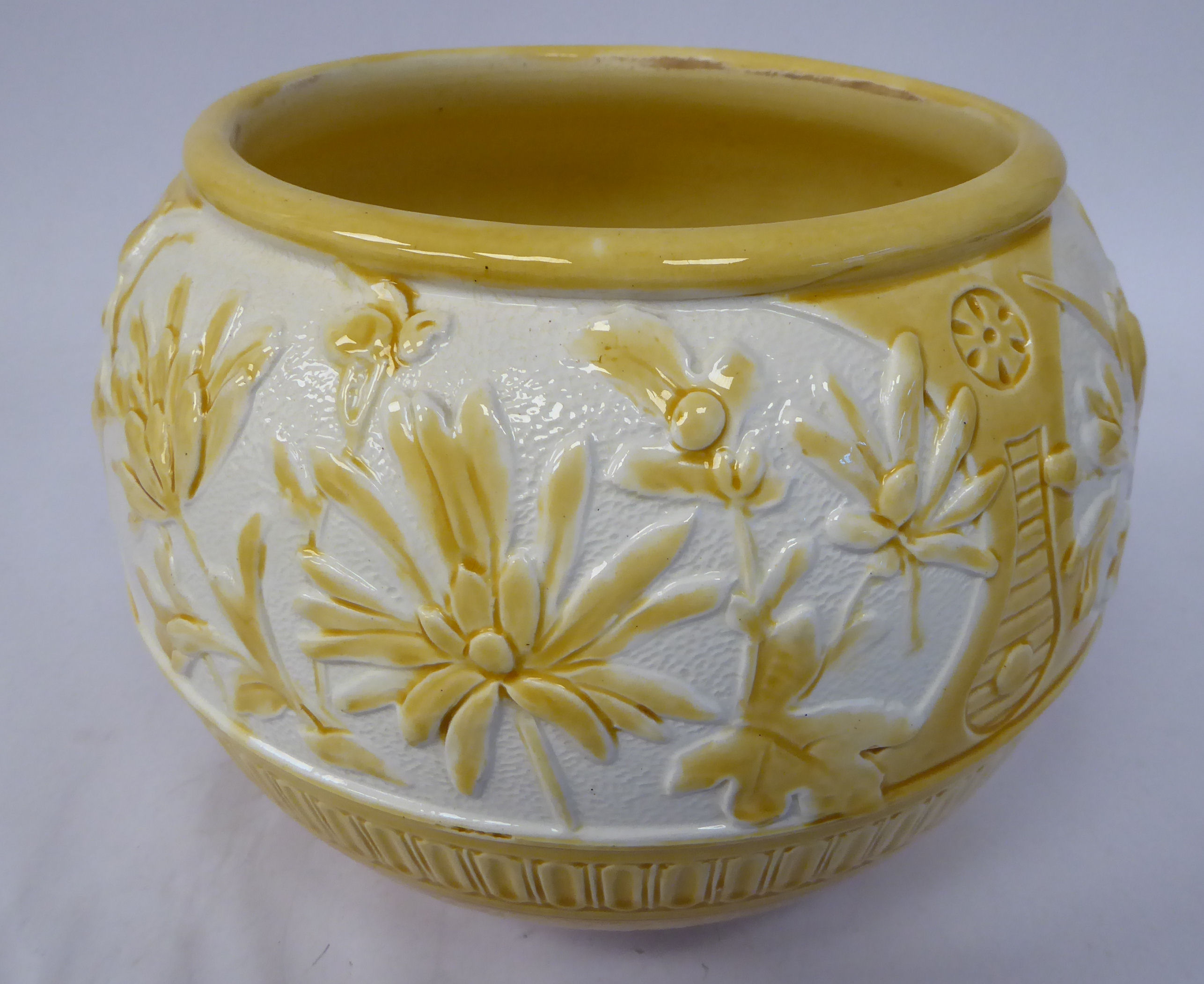 An early 20thC Burmantofts sand coloured and white glazed earthenware jardiniere of bulbous form, - Image 2 of 4