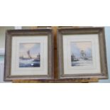 Ken Hammond - a pair of harbour scenes with figures on a quay and passing sailing boats oil on