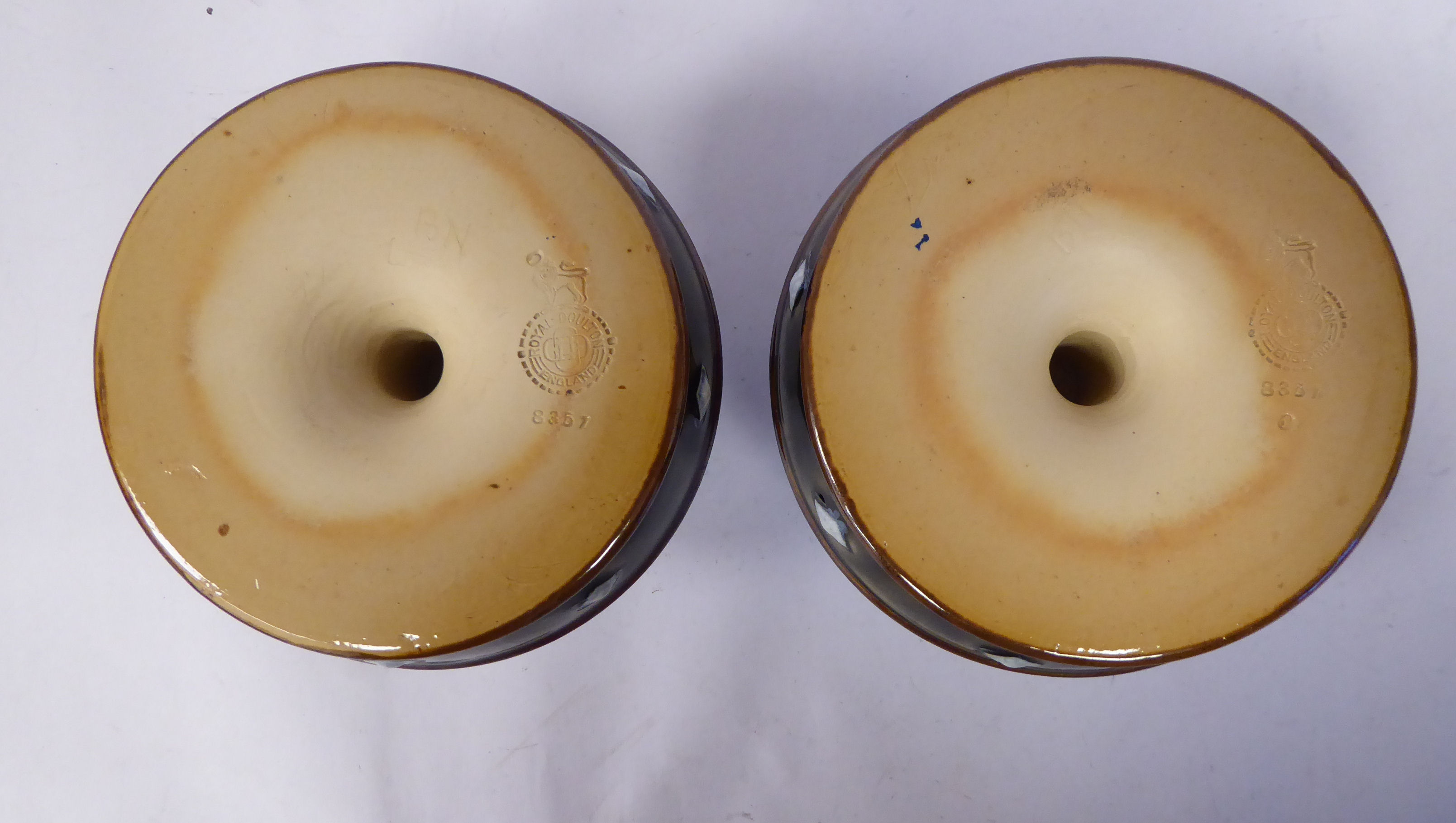 A pair of early 20thC Royal Doulton green, blue and brown glazed stoneware candleholders, - Image 4 of 5