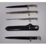 Five similar German miniature bayonet design letter openers, the blades 5''L,