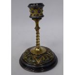A late 19thC Doulton Lambeth green and brown stoneware and cast brass candlestick,