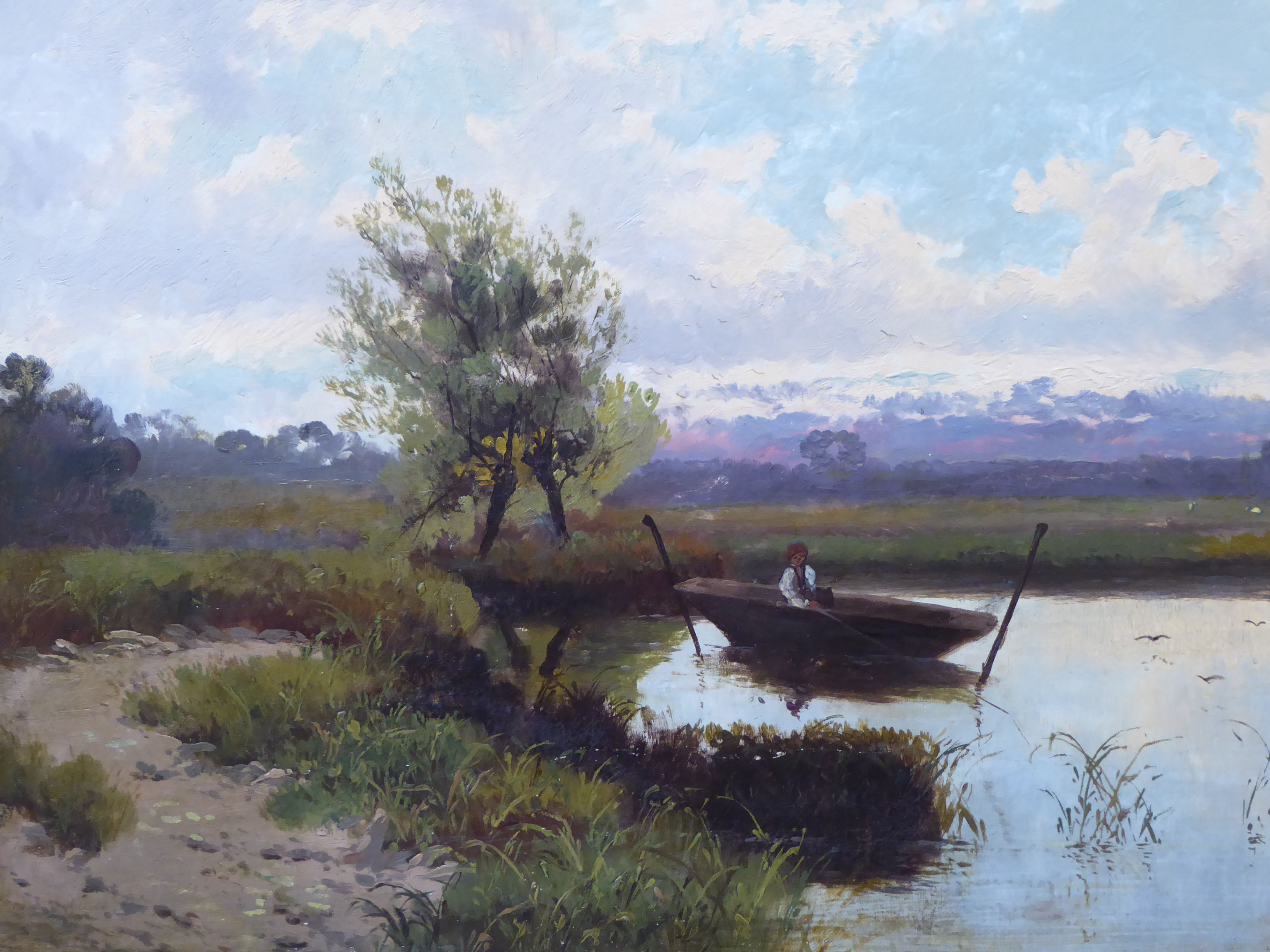 John Horace Hooper - a pastoral landscape with a lone figure fishing in a punt on still water in - Image 3 of 5