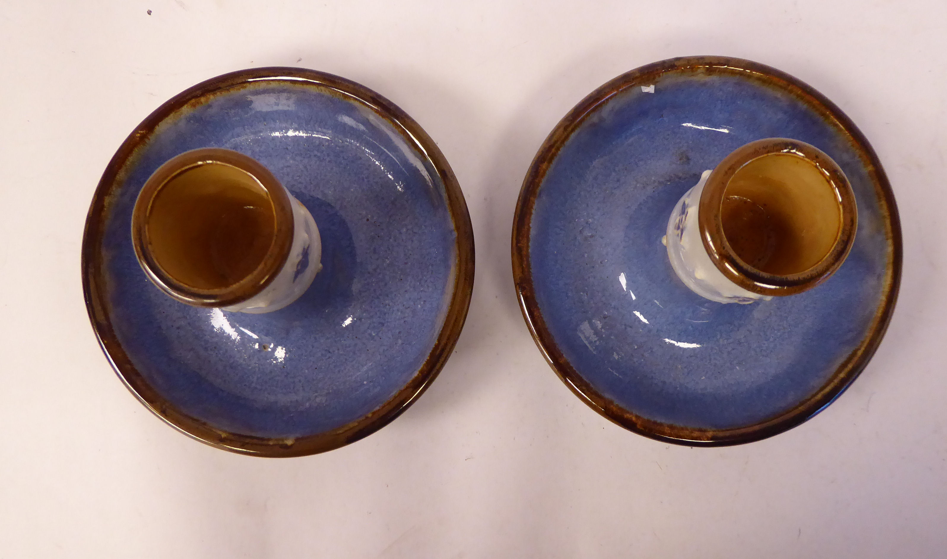 A pair of early 20thC Royal Doulton green, blue and brown glazed stoneware candleholders, - Image 3 of 5