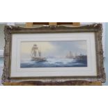 Ken Hammond - an offshore shipping scene with moored sailing vessels oil on board bears a