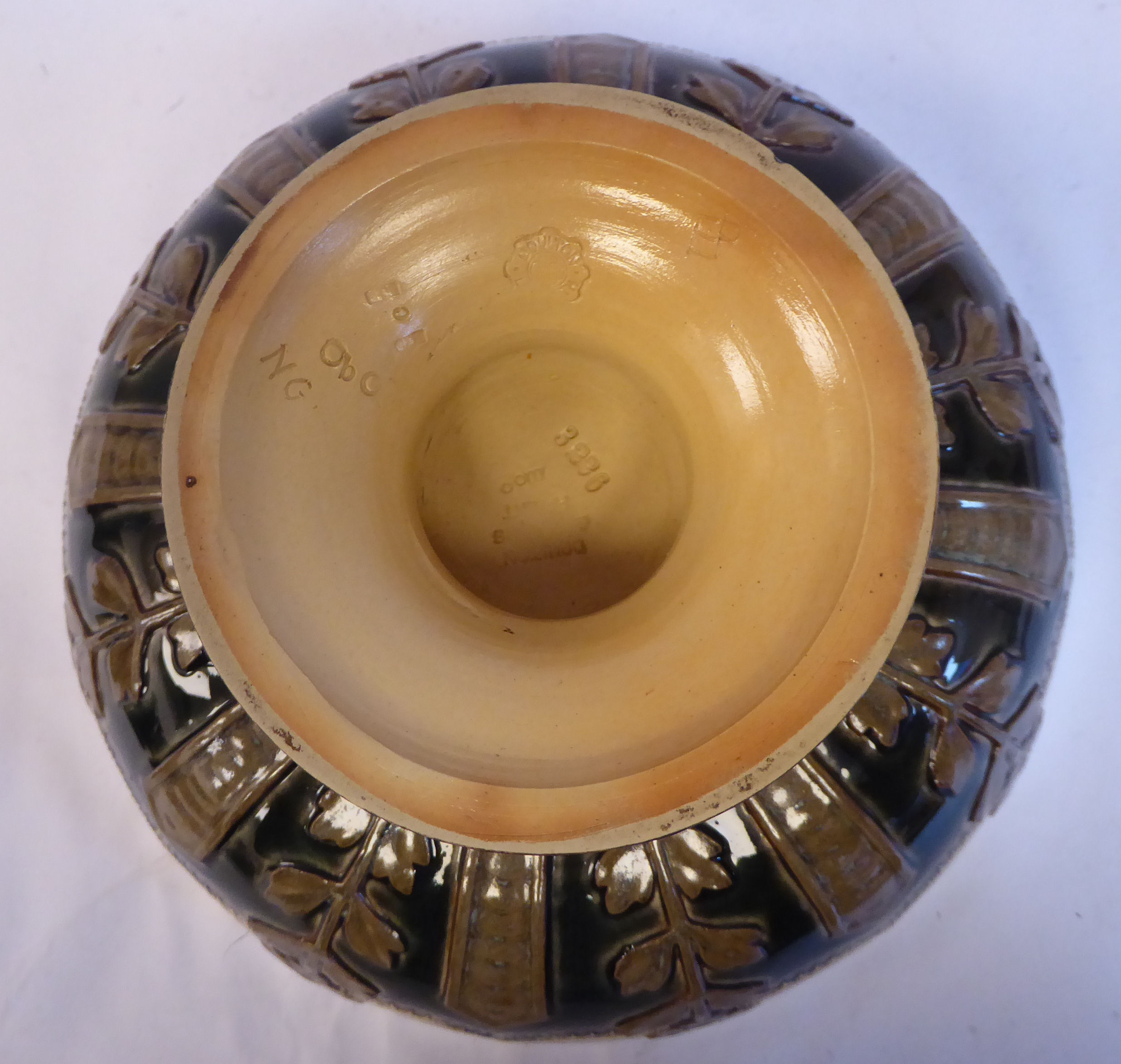 A Doulton Lambeth brown, cream coloured and green glazed stoneware, shallow, pedestal fruit bowl, - Image 5 of 6