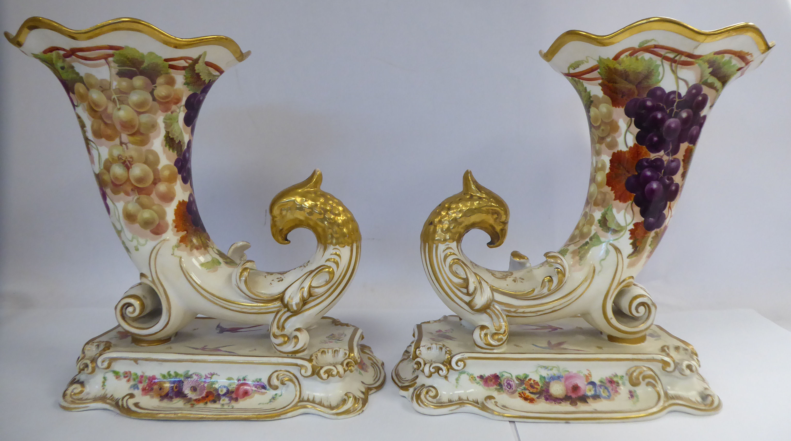 A pair of late Victorian china cornucopia vases with birds' heads, - Image 3 of 6