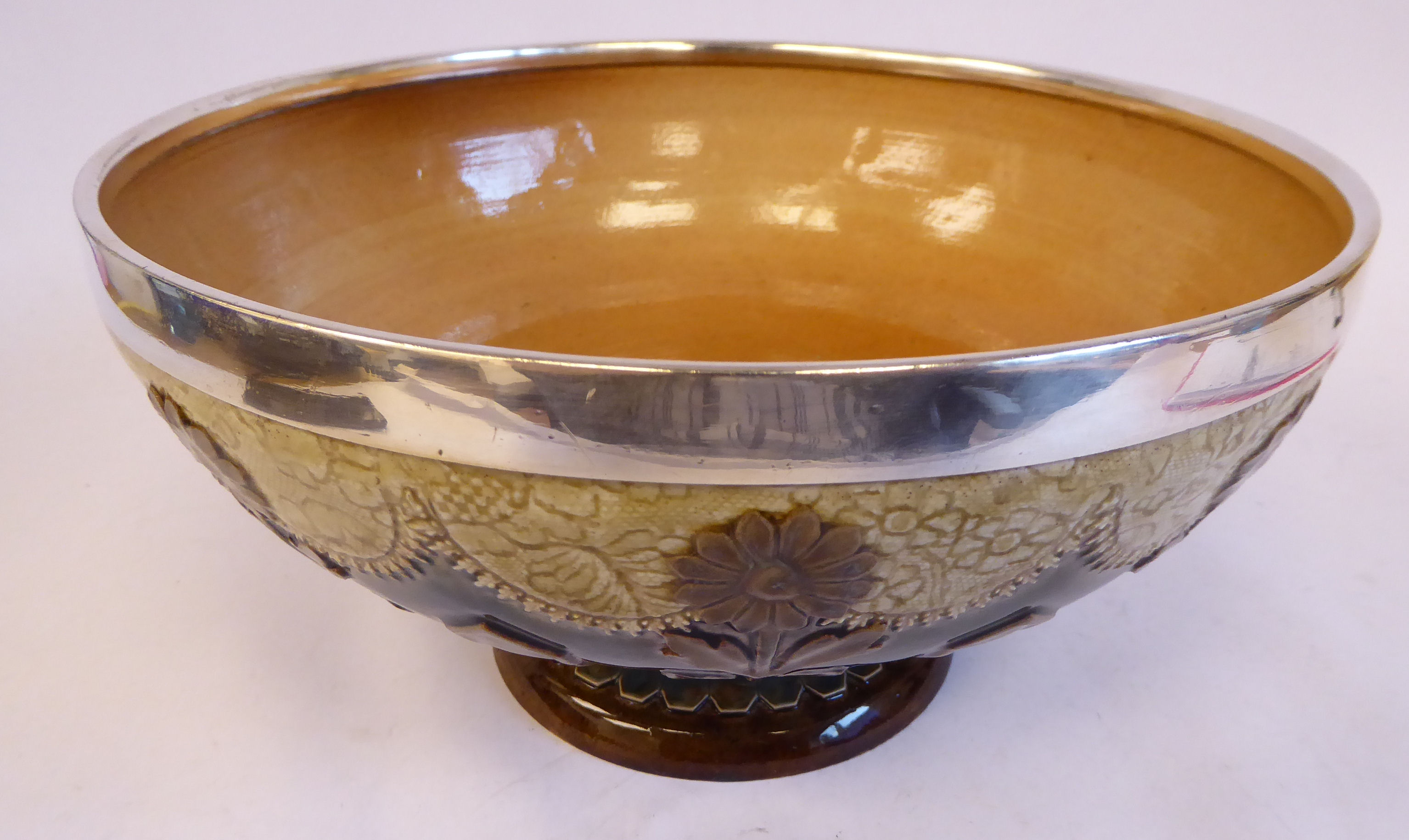 A Doulton Lambeth brown, cream coloured and green glazed stoneware, shallow, pedestal fruit bowl, - Image 2 of 6