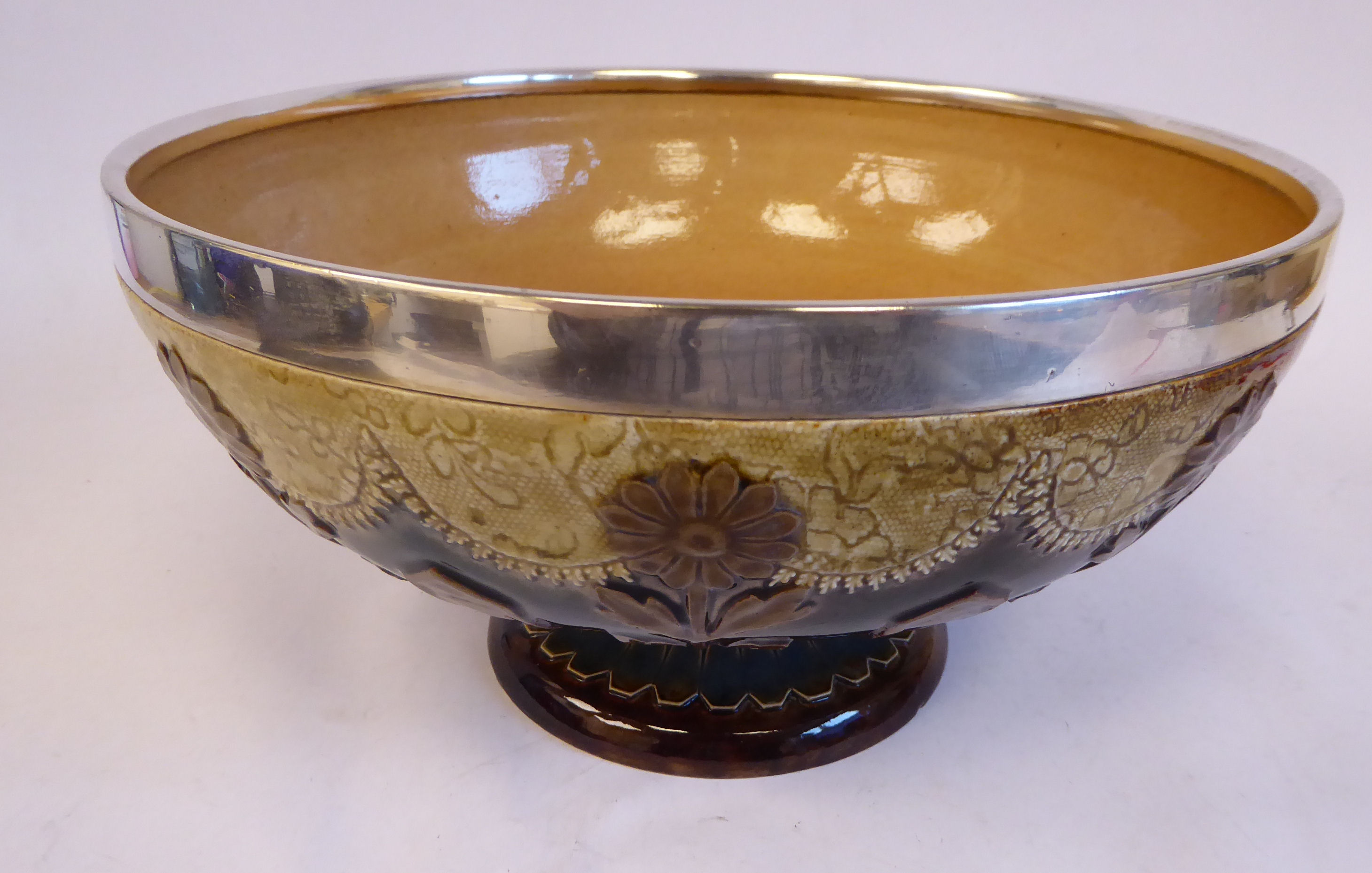 A Doulton Lambeth brown, cream coloured and green glazed stoneware, shallow, pedestal fruit bowl, - Image 3 of 6