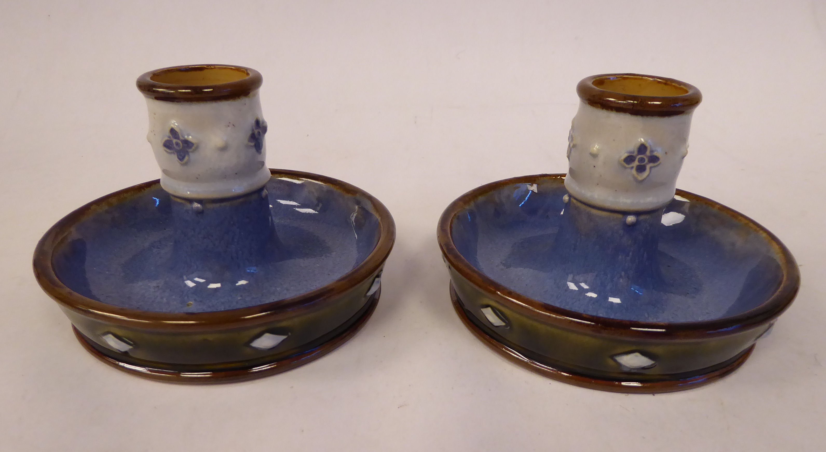 A pair of early 20thC Royal Doulton green, blue and brown glazed stoneware candleholders, - Image 2 of 5