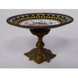 A 19thC Continental cast gilt metal and porcelain miniature tazza, the shallow,