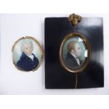 An early 19thC oval portrait miniature, a profile of a man wearing a topcoat and cravat 2'' x 1.