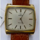 A 1970s Omega gold plated stainless steel cased wristwatch, faced by a baton dial,