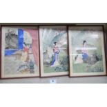 A set of three mid 20thC Chinese pictures watercolours on fabric 10'' x 13'' framed T0S8