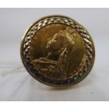 A Victorian half-sovereign ring, a crowned Royal Standard on the obverse,