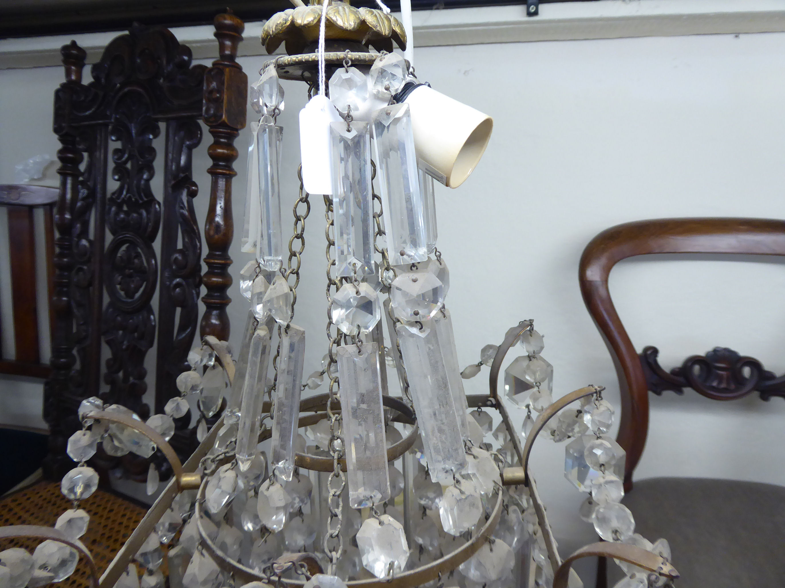 A mid 20thC gilt metal bag design centre light fitting with multiple cut glass drops 21''h - Image 3 of 3