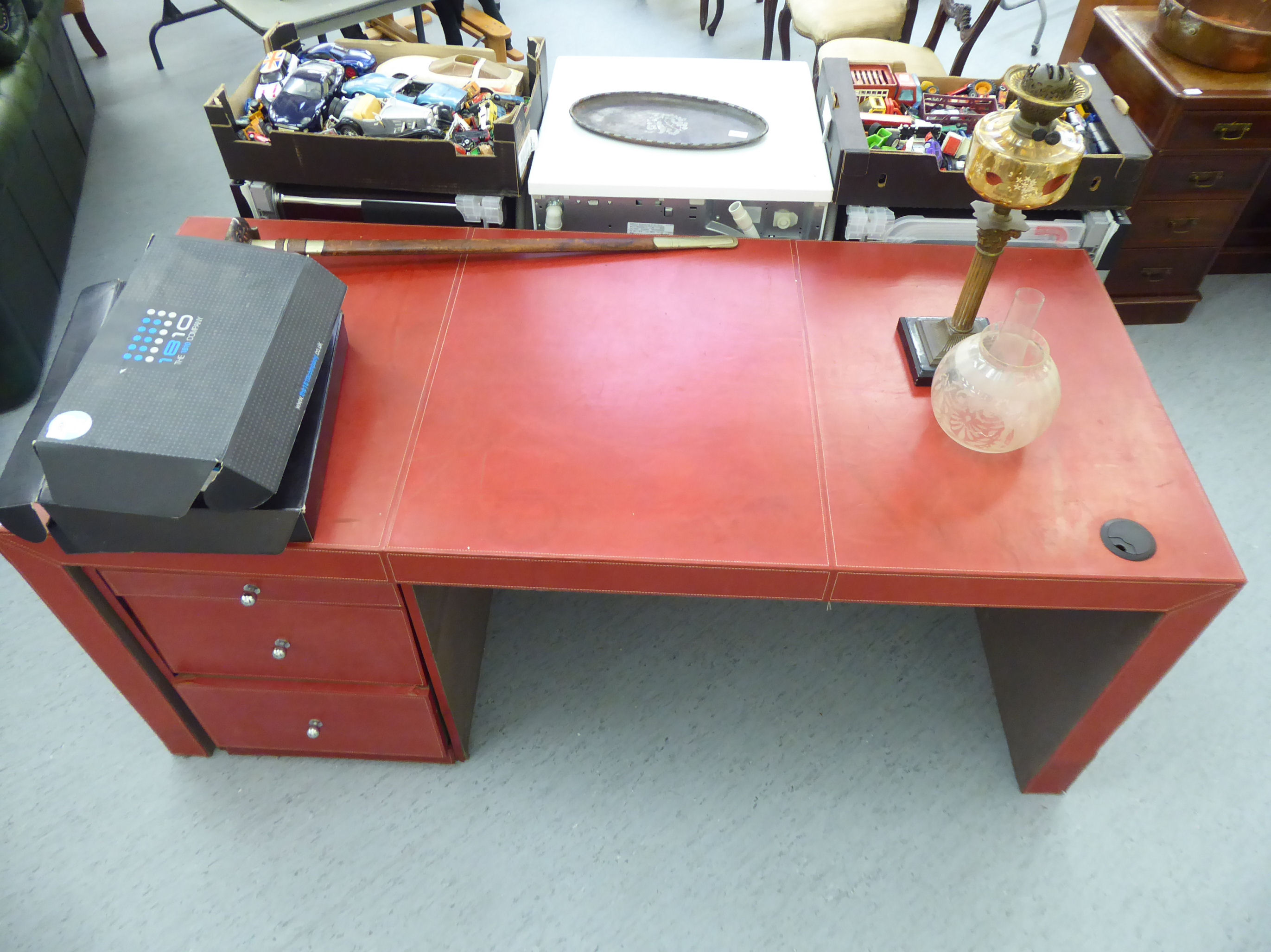 A modern red hide covered desk, - Image 2 of 2