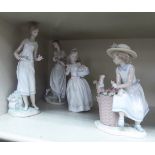 Four Lladro porcelain figures, a young woman holding/picking flowers largest 8.