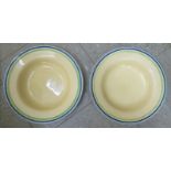 A pair of Clarice Cliff Bizarre china honey coloured glazed bowls with plain green and blue