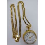 A lady's yellow metal cased fob watch with engine turned and cast ornament, on a 14ct gold,