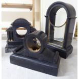 Three black slate mantel clock cases of architectural form CS