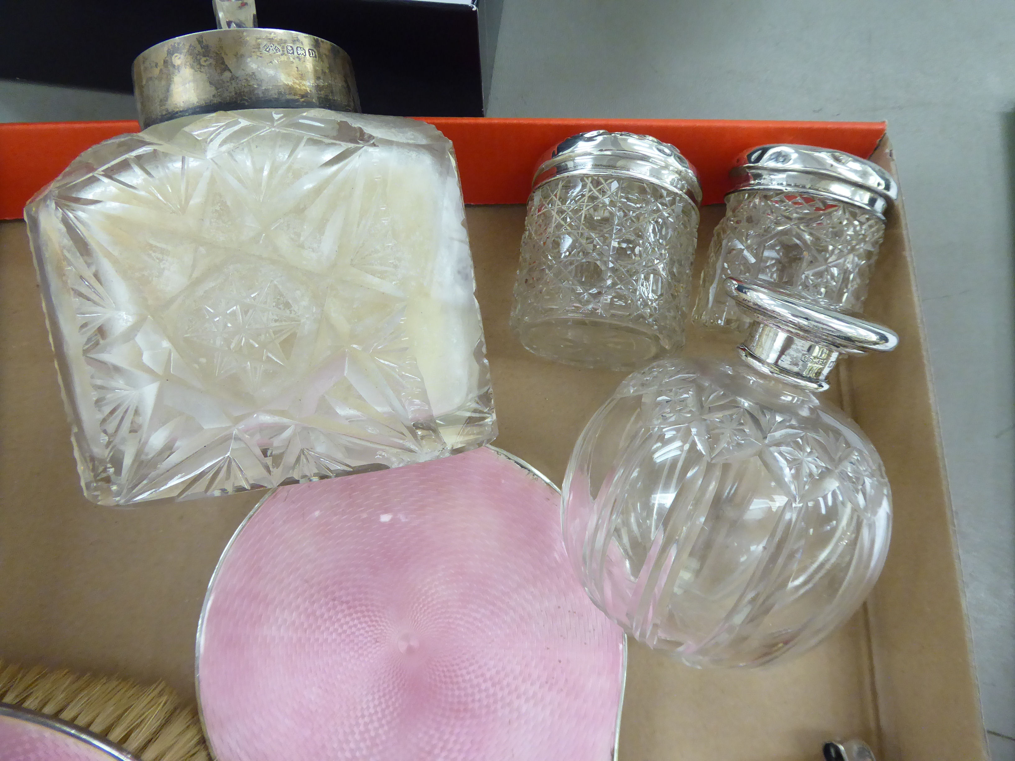 Silver backed and capped dressing table items: to include scent bottles and brushes mixed marks - Image 3 of 3