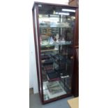 A modern partially glazed display cabinet with a mirror, panelled back and four shelves,