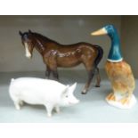 Three Beswick china animals, viz. a horse 6.5''h; a duck 7''h; and a pig 'Wall Champion Boy' 3.