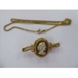 A yellow metal framed oval cameo portrait bar brooch; and a 14ct gold fine belcher link necklace,