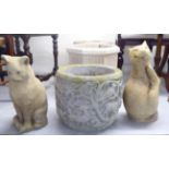 Composition stone garden ornaments and planters: to include two cats in various poses largest