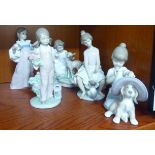 Five Lladro porcelain figures, young girls in various poses playing with animals largest 7.