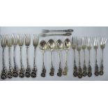 Continental silver flatware with cast twig handles and rose petal finials stamped 800 11