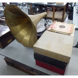 A reproduction of an early 20thC gramophone with a brass horn; and Decca,