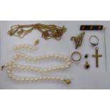 A yellow metal gold and other items of personal ornament: to include a pearl necklace,